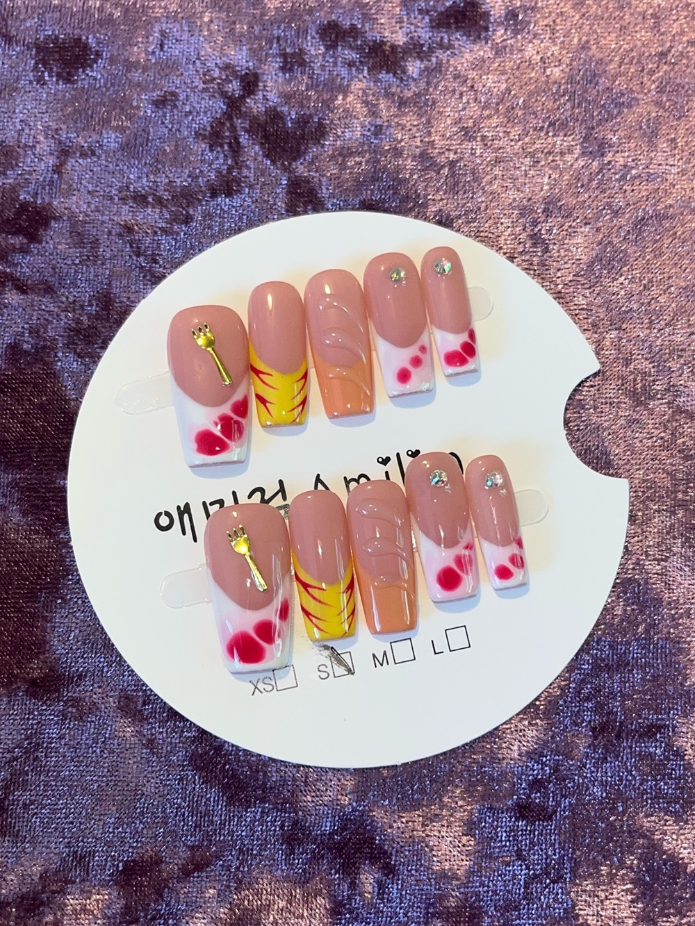 Handmade Press-On Nail Set in Pink, Red, Yellow